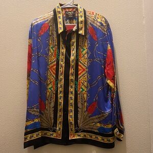 Cory B New York Native American print silk shirt size large